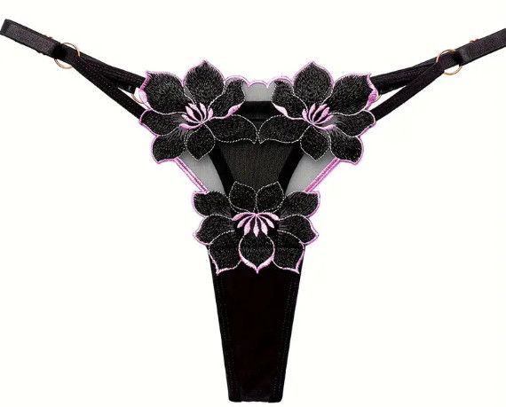 Black Noir Floral Applique Mesh Thongs Hot Sexy Sissy Naughty OSFM (XS – L) 💝