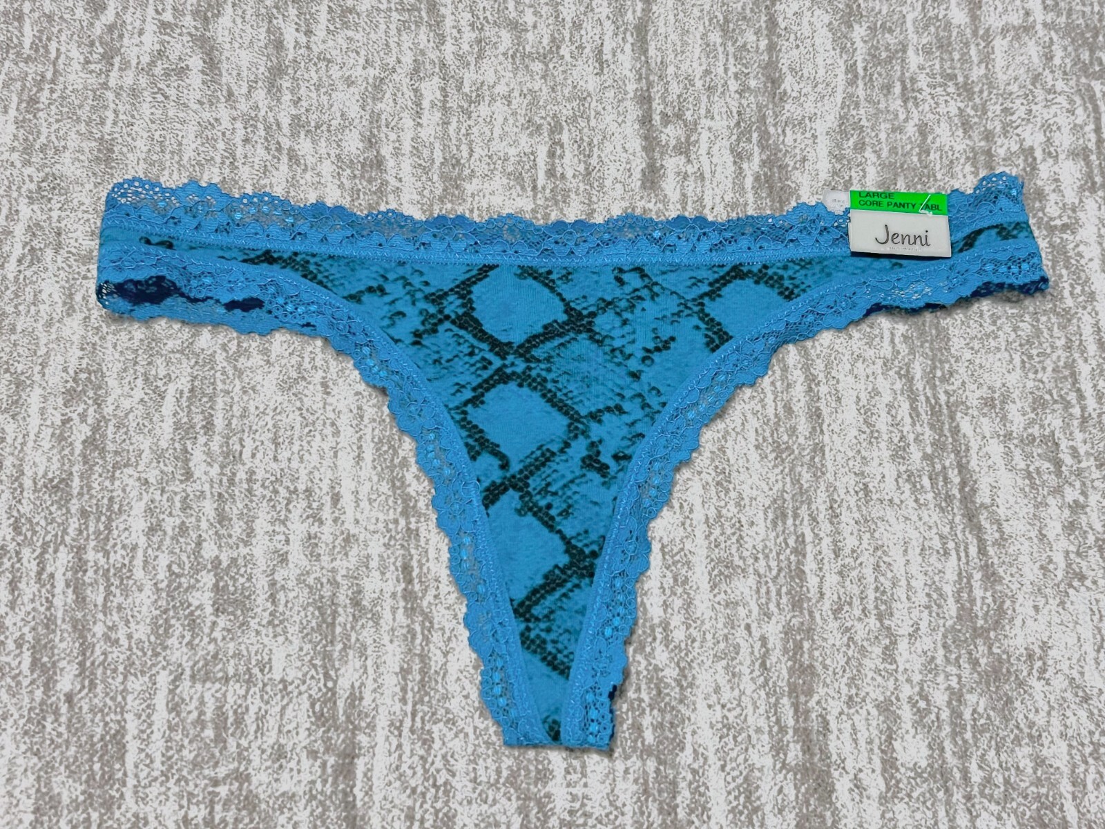 Jenni Women’s Lace-Trim Blue Snake Print Thong Panty-Cotton & Lace -Choice of 1