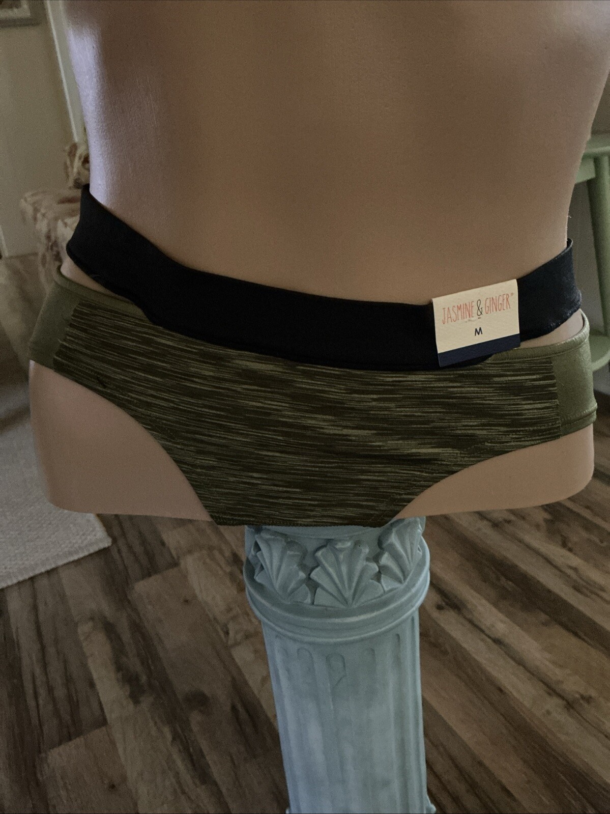 NWT JASMINE & GINGER SPLIT BAND BIKINI PANTIES Nylon S92UJ642 CAPULET OLIVE M/6