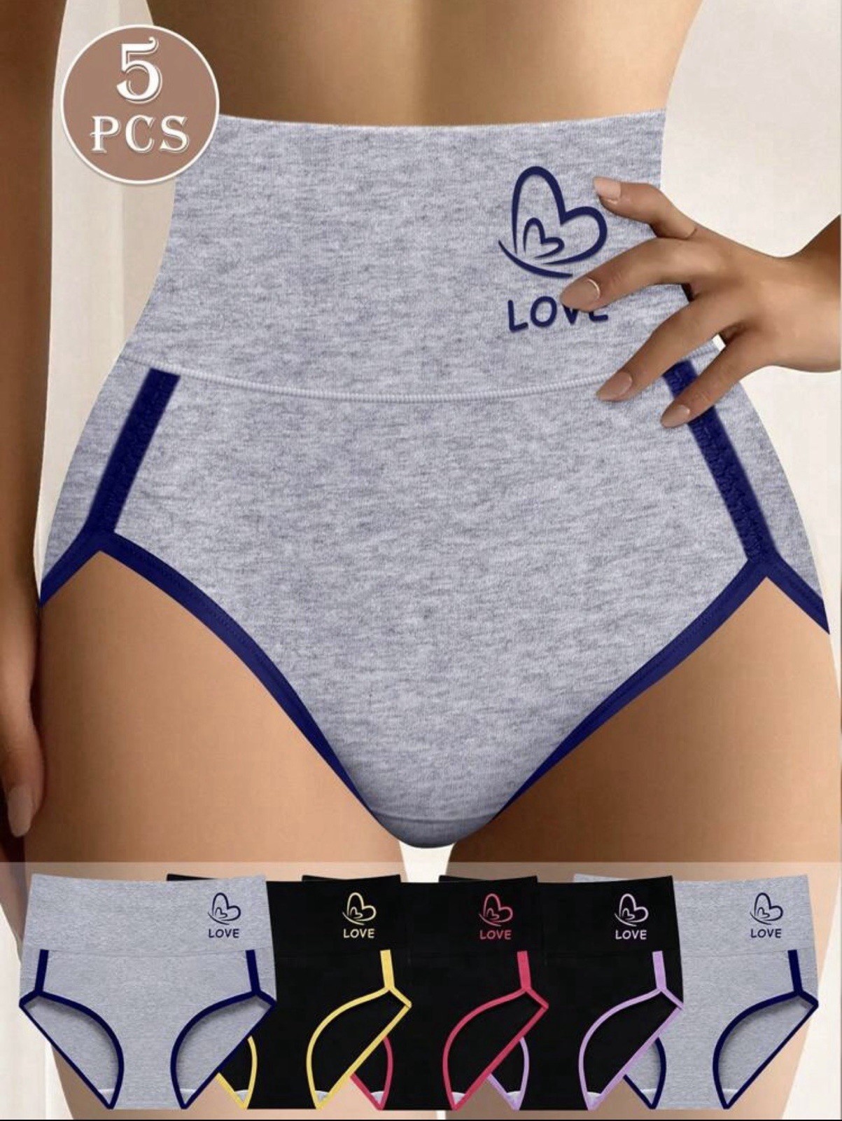 SheIn High-Waisted Women’s Panties 5 Pack Gray L 100% Polyester LOVE Design