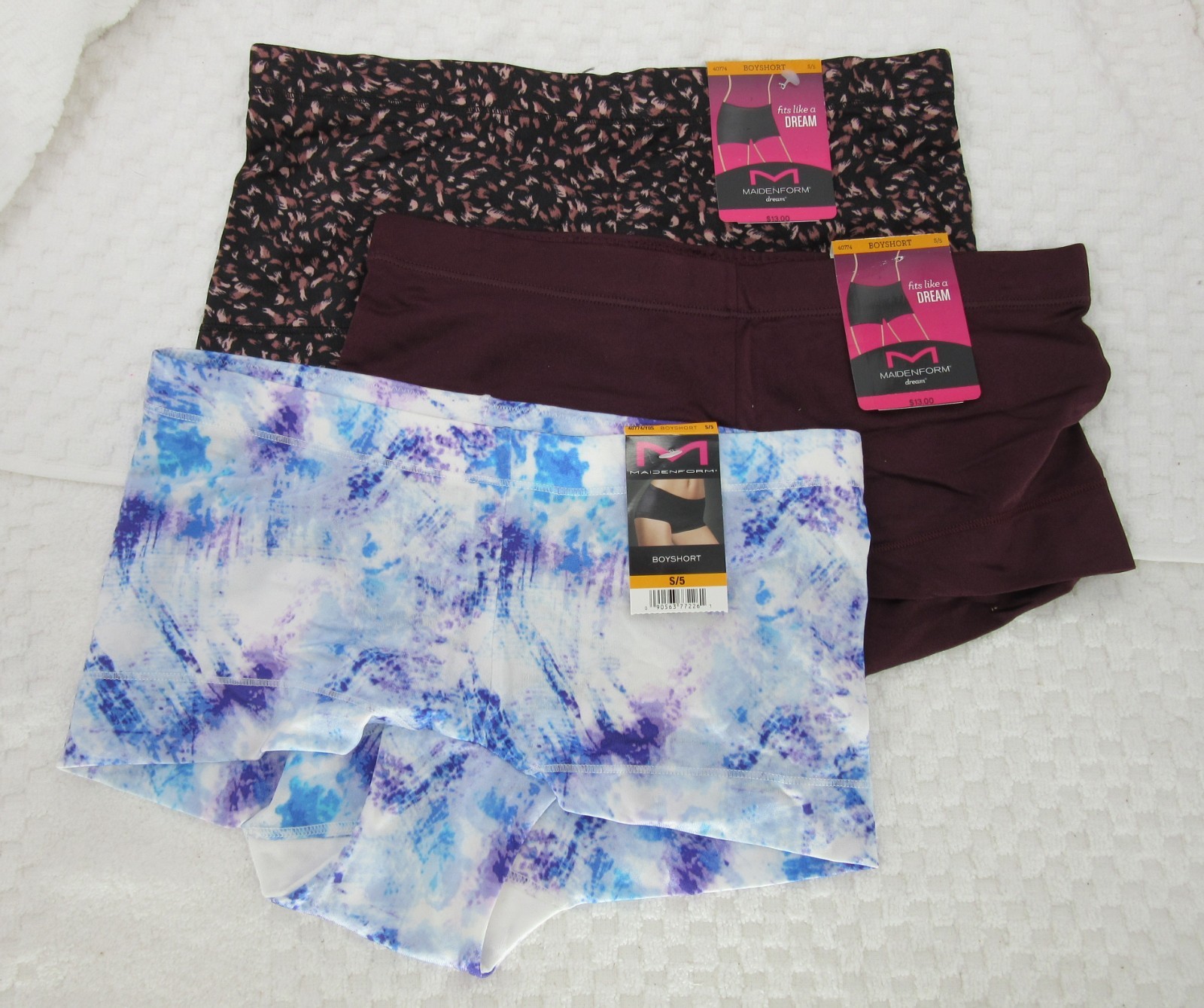 NWT set of 3 MAIDENFORM BOYSHORTS 40774 lace WATERCOLOR blue white WINE BLACK