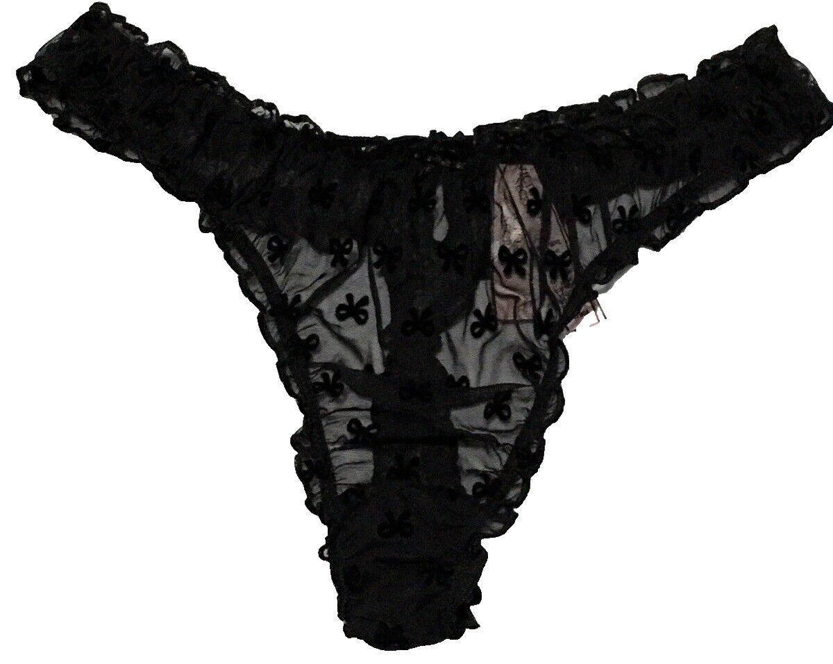 Victoria’s Secret Black Flocked Bows Thong Panties XL Sheer Mesh Keyhole Back