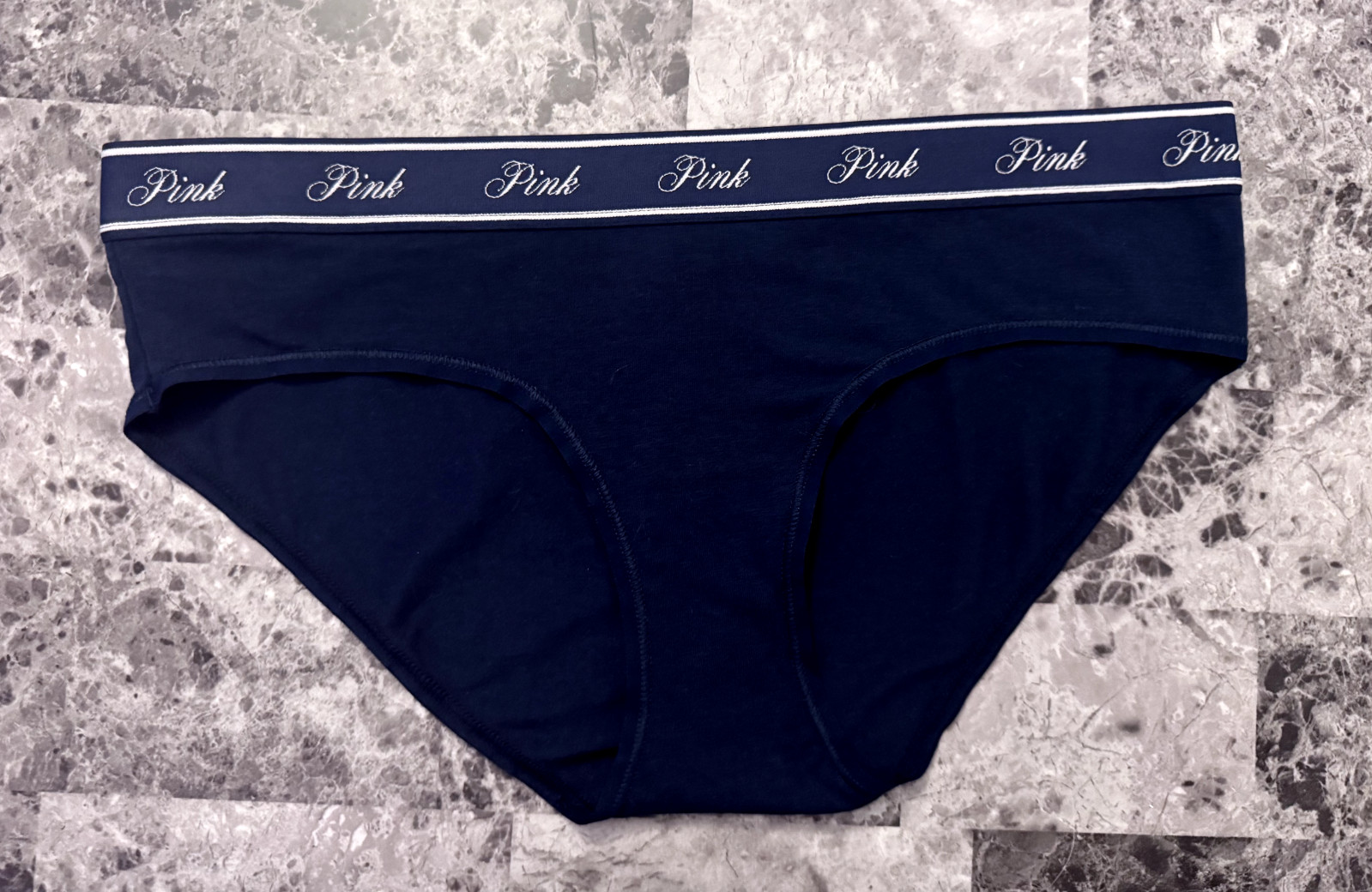 NWT VICTORIA’S SECRET PINK M NAVY BLUE THICK LOGO WAISTBAND HIPHUGGER PANTIES