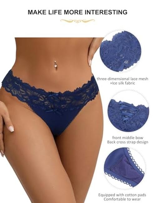 Lace Bow Panties Low Waist Floral Ribbon Brief Sexy X-Large-XX-Large Blue