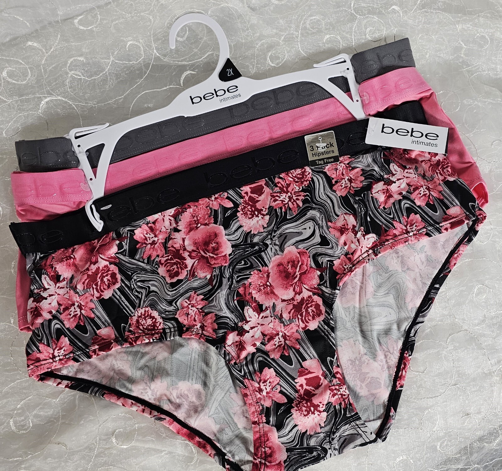 bebe 3 Pack Microfiber Hipster Panties 1X Solid Pink, Gray & Floral SHIPS FREE!
