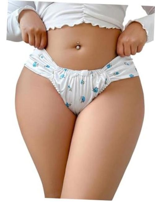 Women’s Plus Size Satin Underwear Floral Bow 4X-Large Plus Blue and White