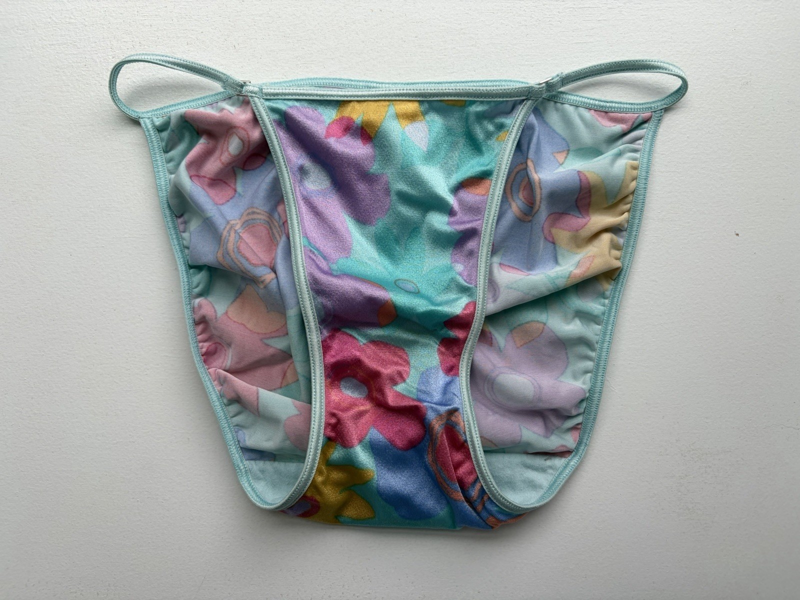 Victoria’s Secret Second Skin Satin String Bikini Panties Floral Teal Vintage