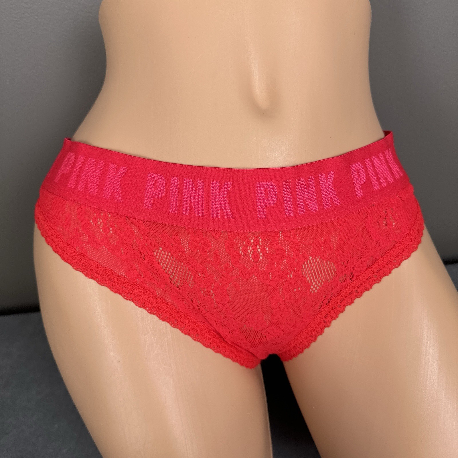 PINK Victoria’s Secret Thong Panties Size Large Bright Lipstick Red Lace New NWT