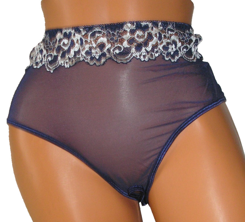 Panties Lingerie Floral Lace Trim Dark Blue Mesh Crotchless, 1X Adult Gift