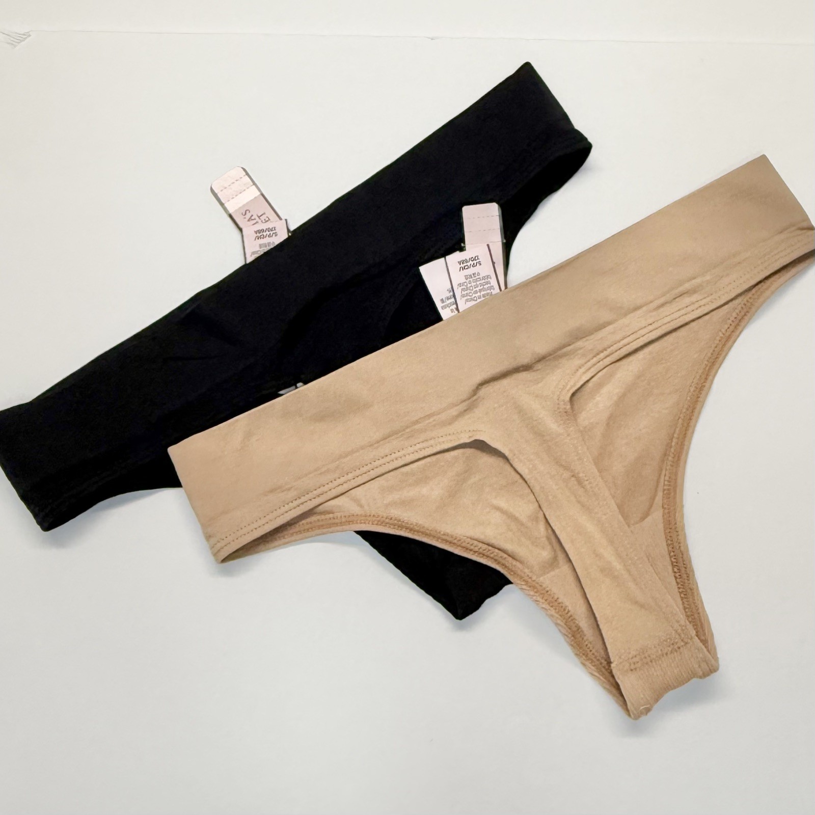 Set of 2 Vintage Victoria’s Secret Logo Band Soft Nude Black Thong Panties Med