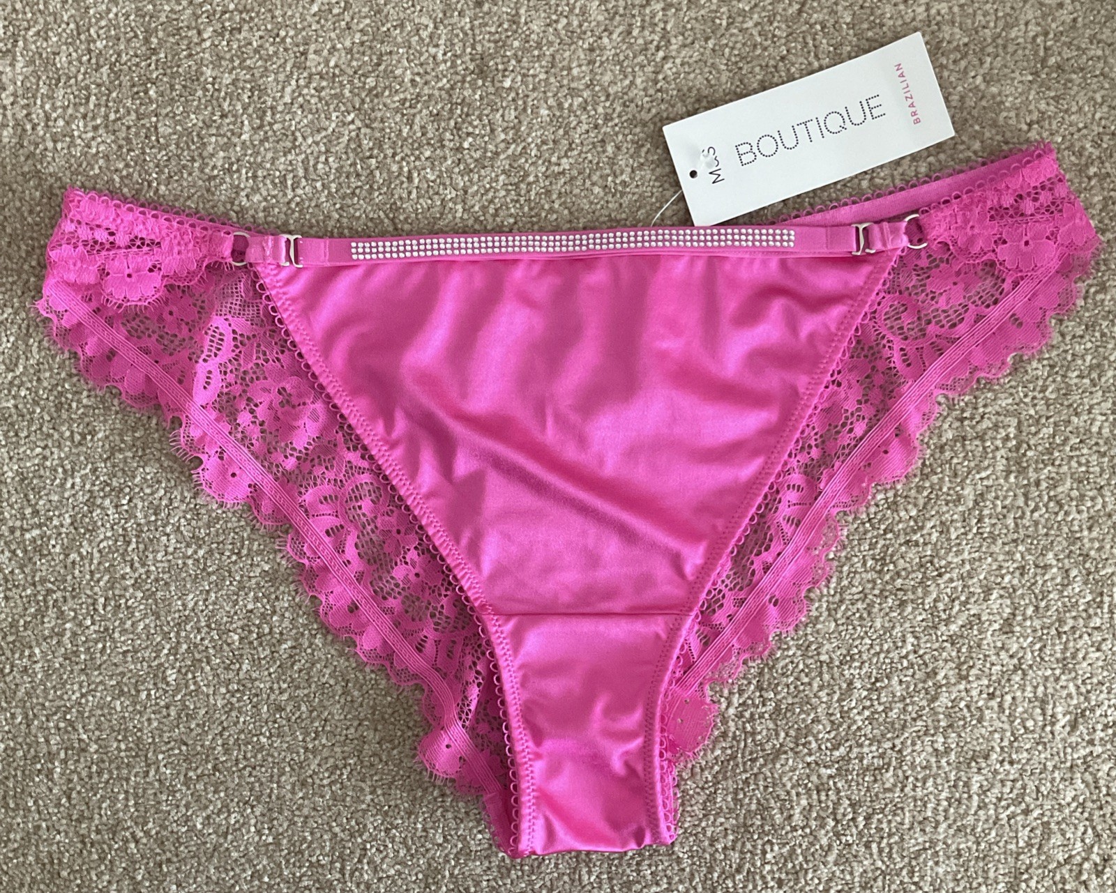 M&S Size 12 Boutique Aleksandra Satin Lace Brazilian Knickers Neon Pink Diamanté
