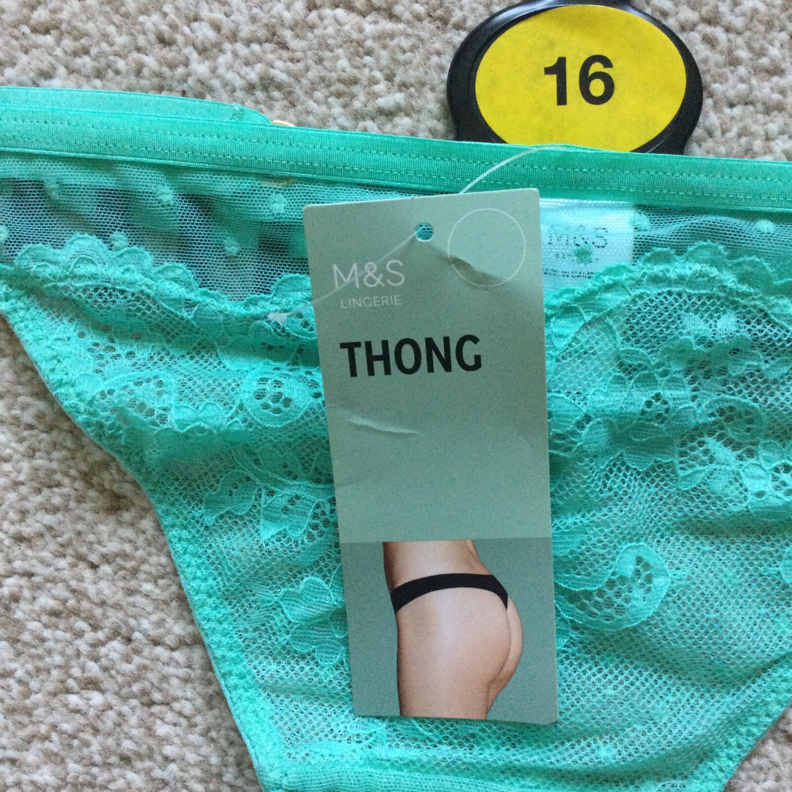 M&S Size 16 Ladies Lace Mesh Thong Knickers Light Jade Green Gold Ring Detail