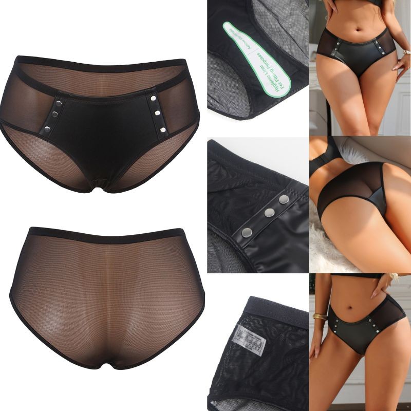 Women Panties Gothic Briefs See Through Underwear Nightclub Faux Leather Mesh