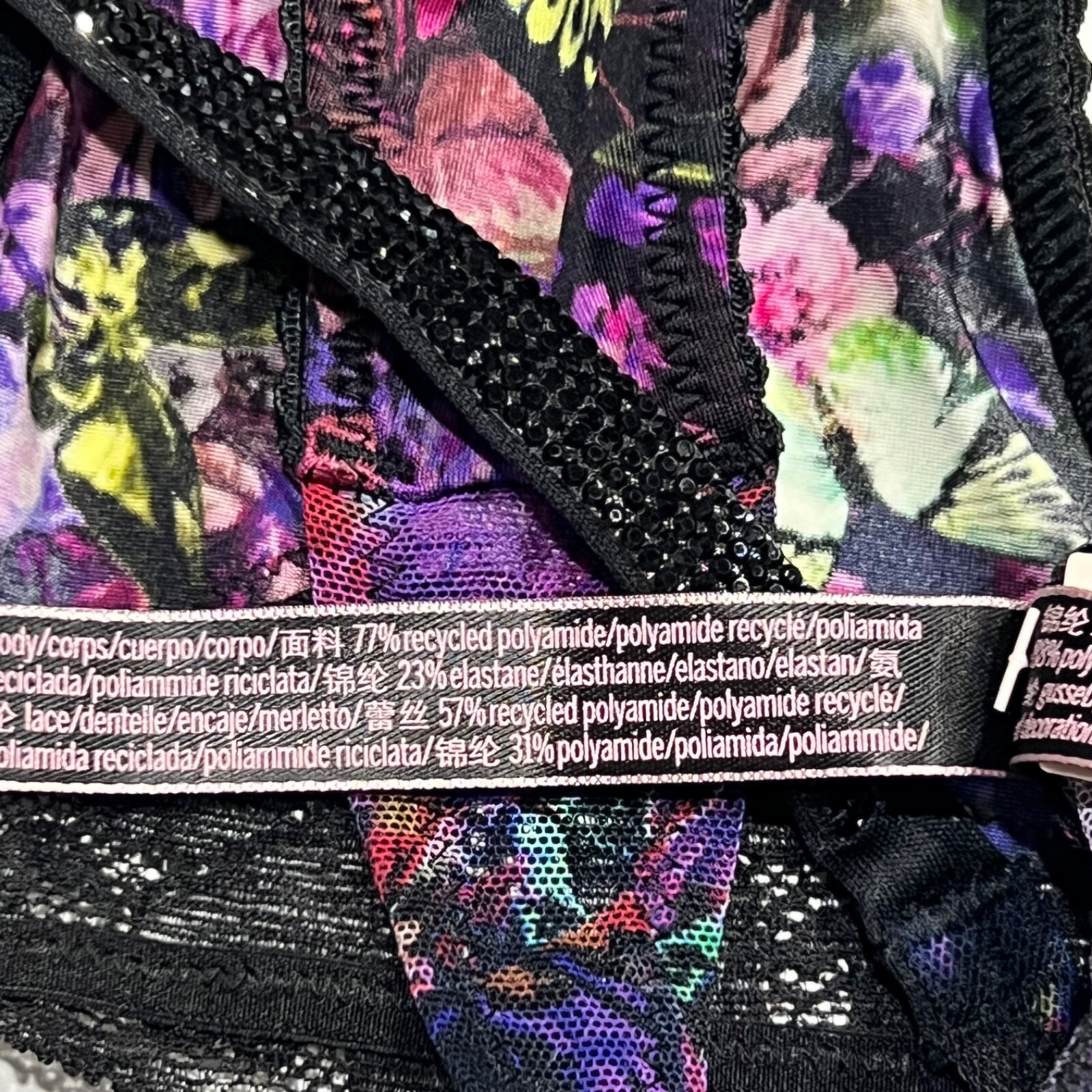 NWT VICTORIA’S SECRET Thong Pantie Sz XS-S-M Purple Floral Silky Black Lace
