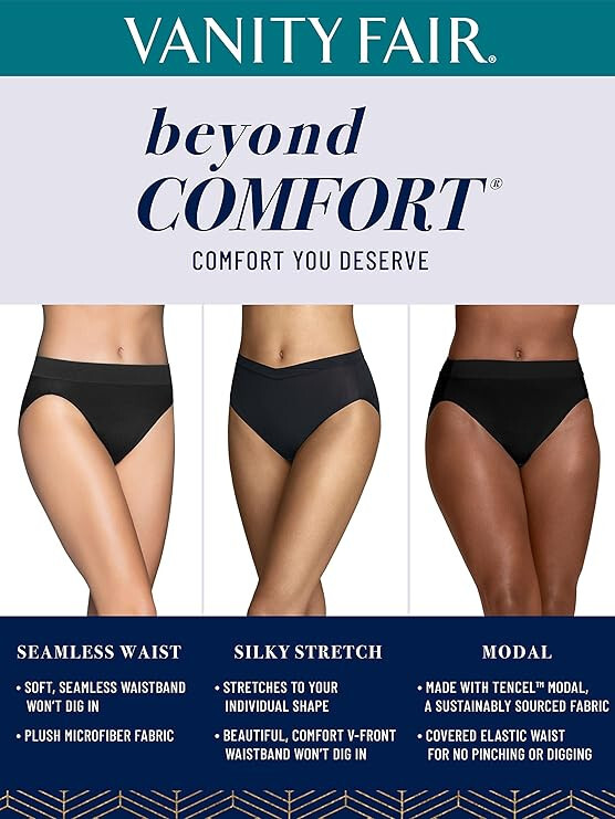 3 Pack Vanity Fair No Pinch No Show Seamless Hipster Panty Quartz/Navy/Beige