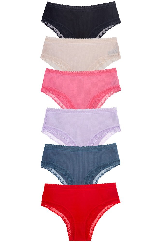Jennifer 12pcs Assorted Color Mixed Lace Trim Strip Textured Cotton Cheeky Panty