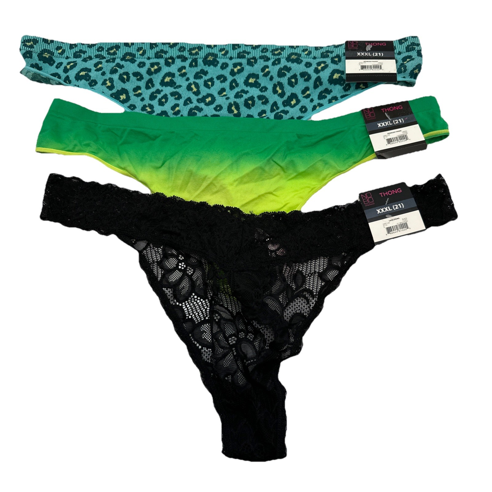 No Boundaries NOBO XXXL (21) Thong Panties Set of 3 Teal Cheetah,Black,Green {54