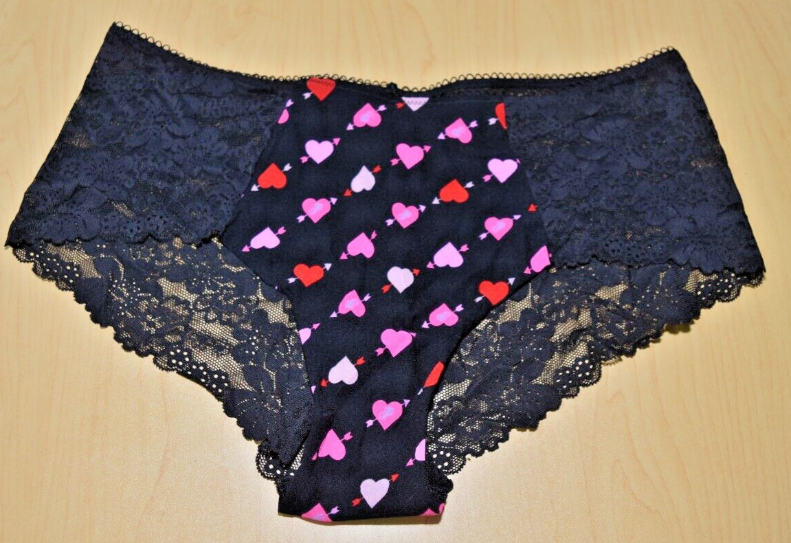 NWT Victorias Secret Pink Multicolor Hearts Lace Cheeky Panty Black L Large