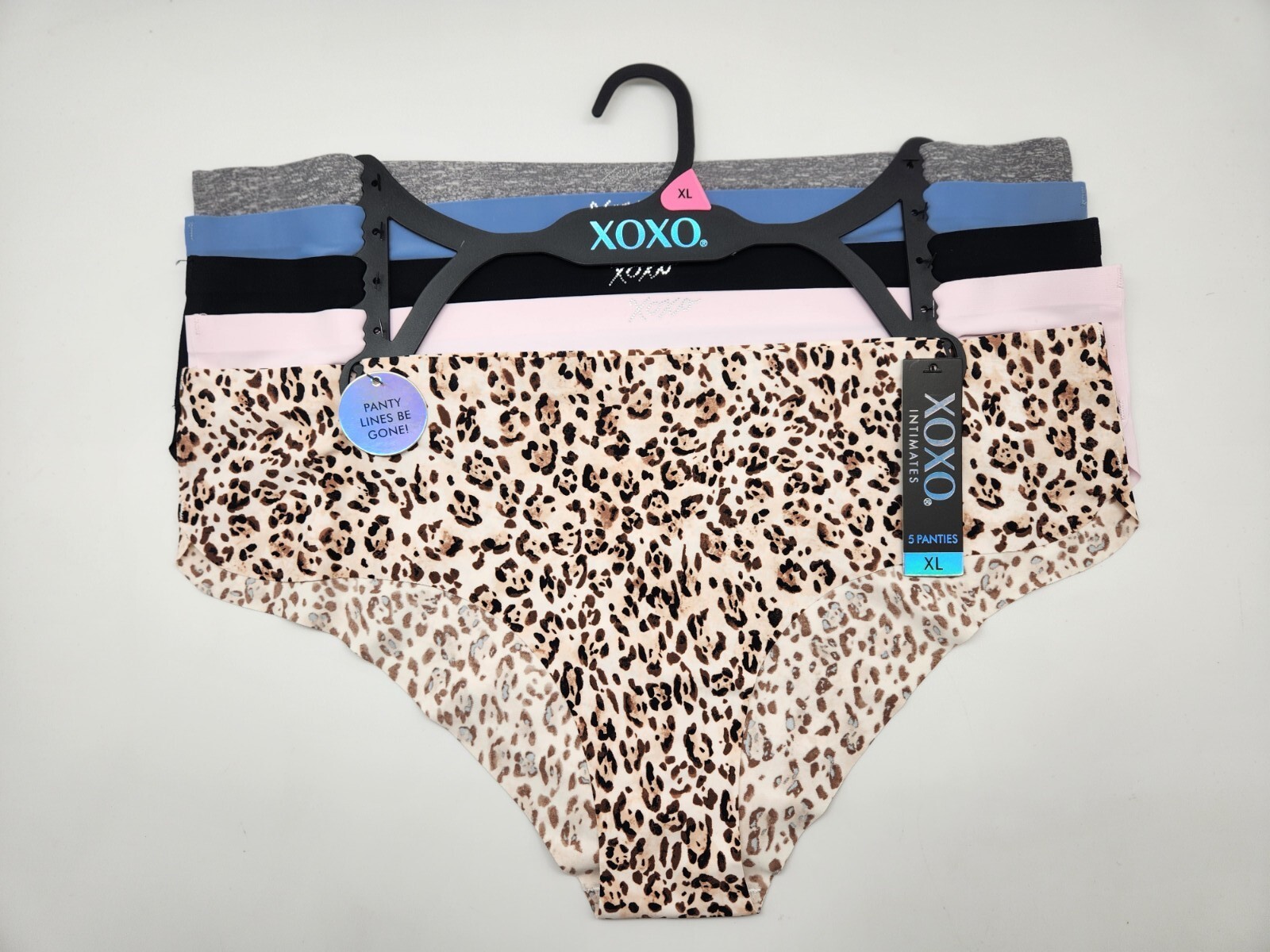 XOXO 5-Pack Women XL No Lines Panties Gray Blue Black Pink Beige Cheetah Prints