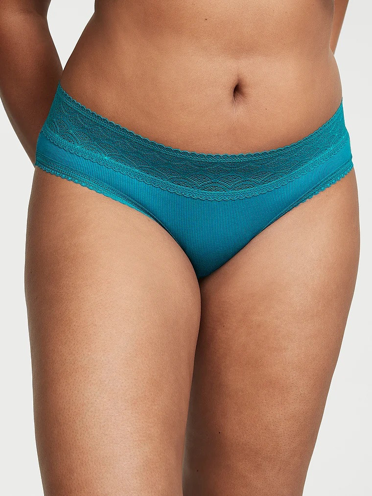 Victoria’s Secret Geometric Lace-Waist Cotton Hiphugger Panty Evening Tide S NEW