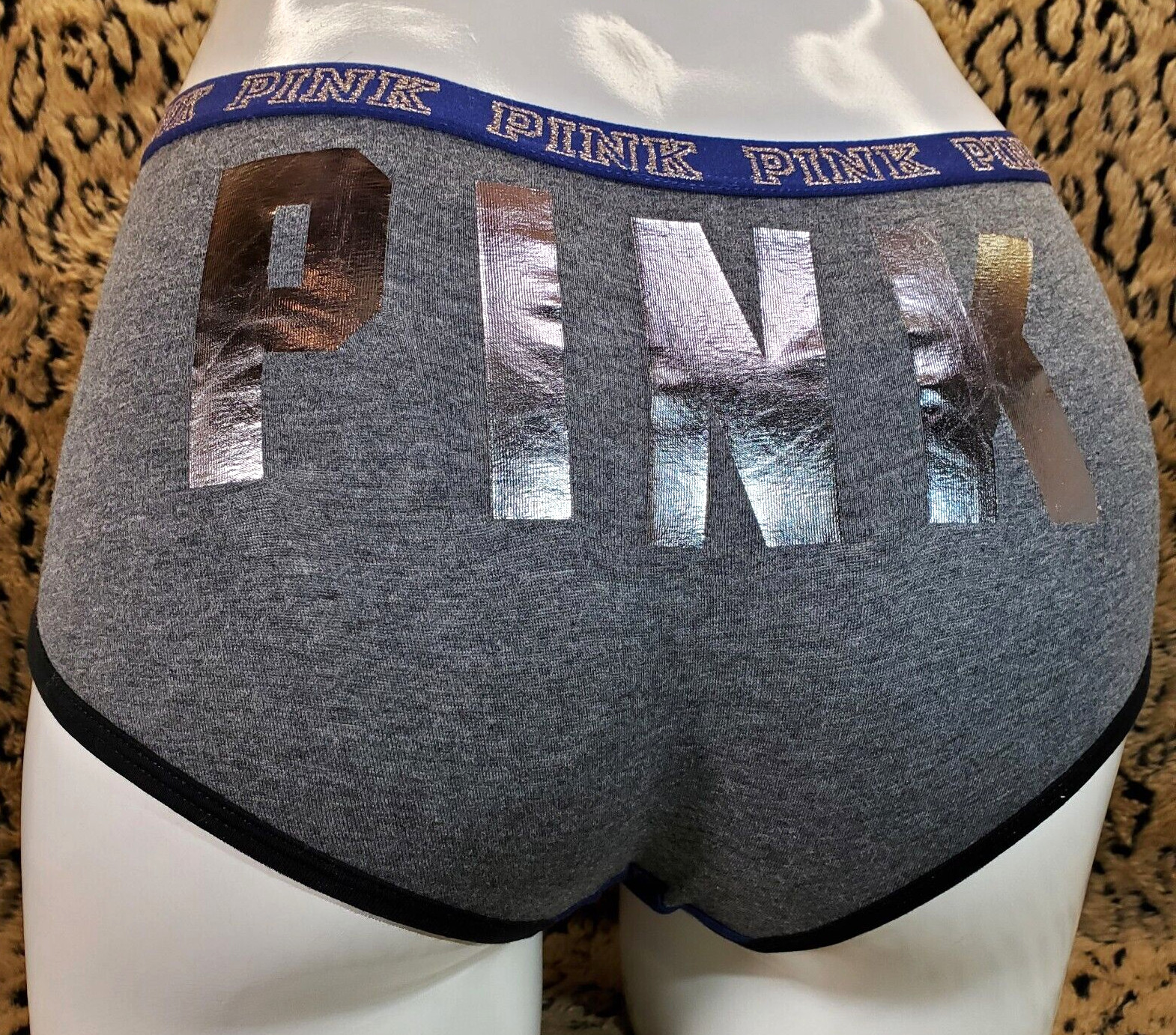 Victoria’s Secret PINK Glitter Logo Waist Dark Blue Boyshort Boxer Panty S Sexy