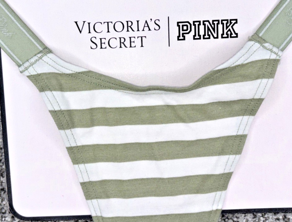 Victoria’s Secret PINK NWT Medium Green Stripe Micro Thong Panty Spellout Sexy