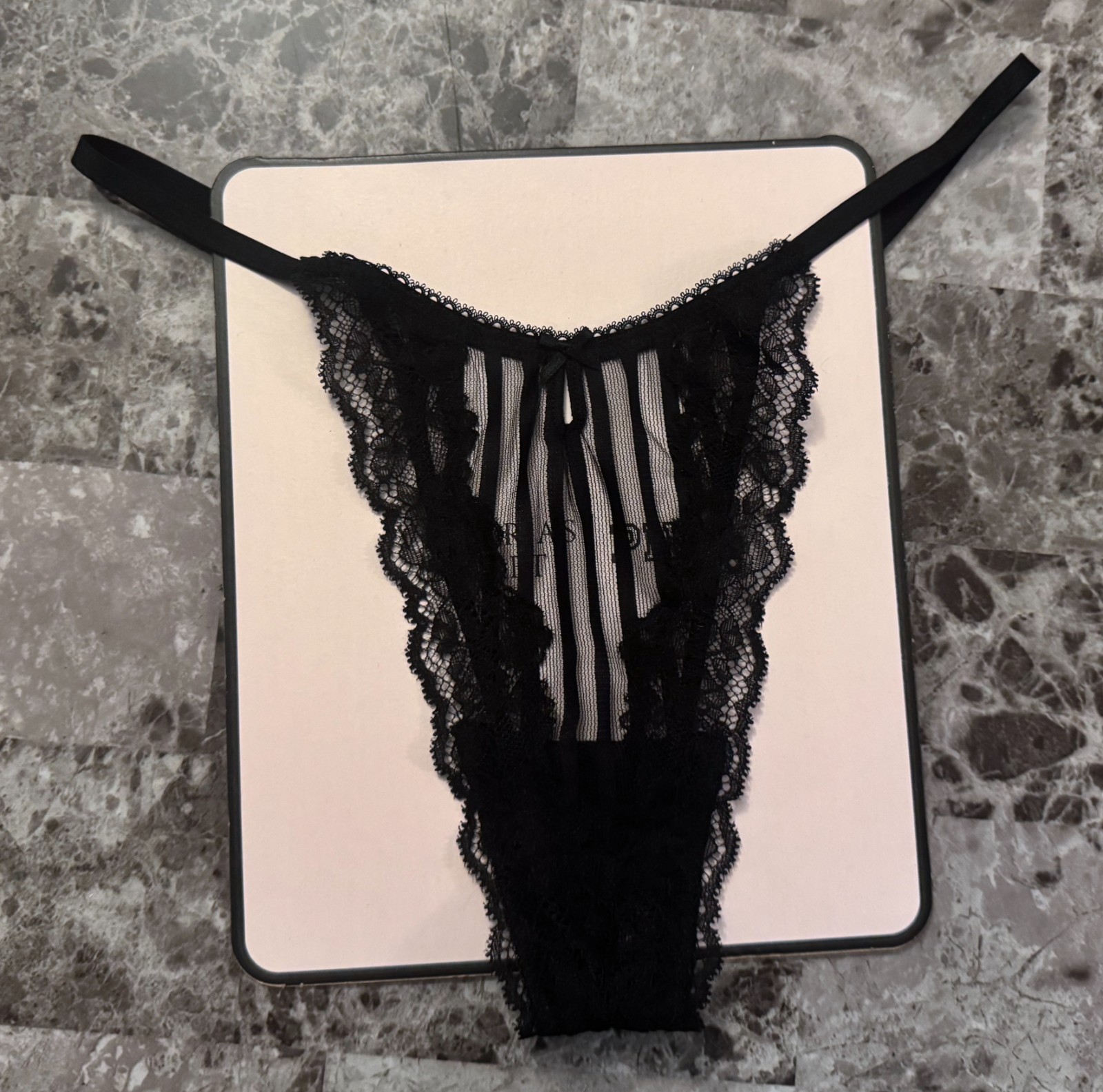 NWT VICTORIA’S SECRET BLACK STRIPE POLKA DOT MESH LACE KEYHOLE BOW THONG PANTIES