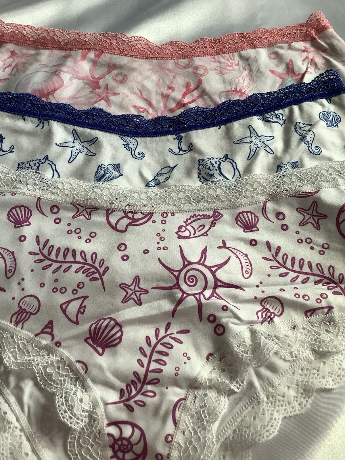 Women’s Teen Marine Life Bikini Brief Panties Lace Trim Stretch Blue Pink 3pk M
