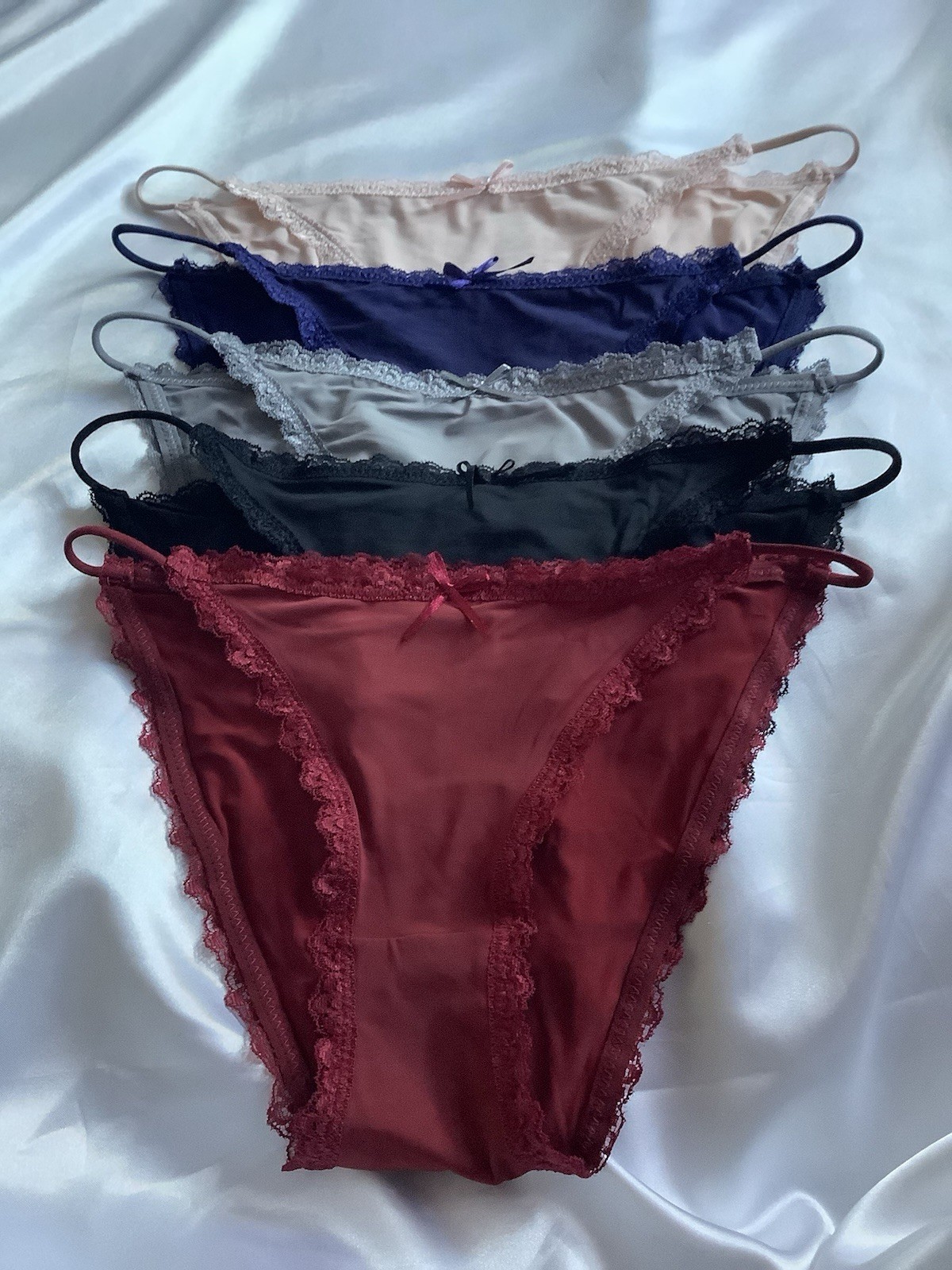 Women’s Bikini Briefs Stretch Lace Rim Elastic Waist Bow Red Navy Black 5Pk XXL