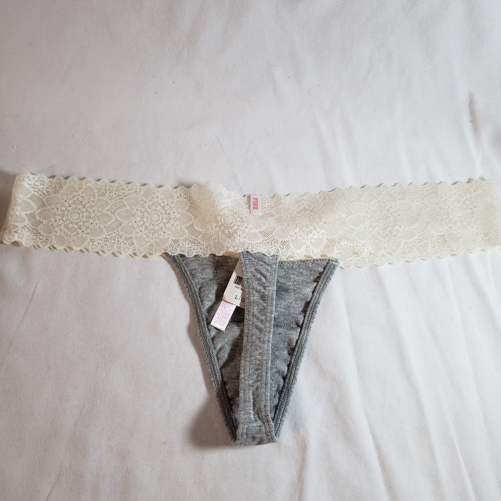 Victoria’s Secret PINK Extra Low Rise Thong Large Gray Ivory Floral Lace