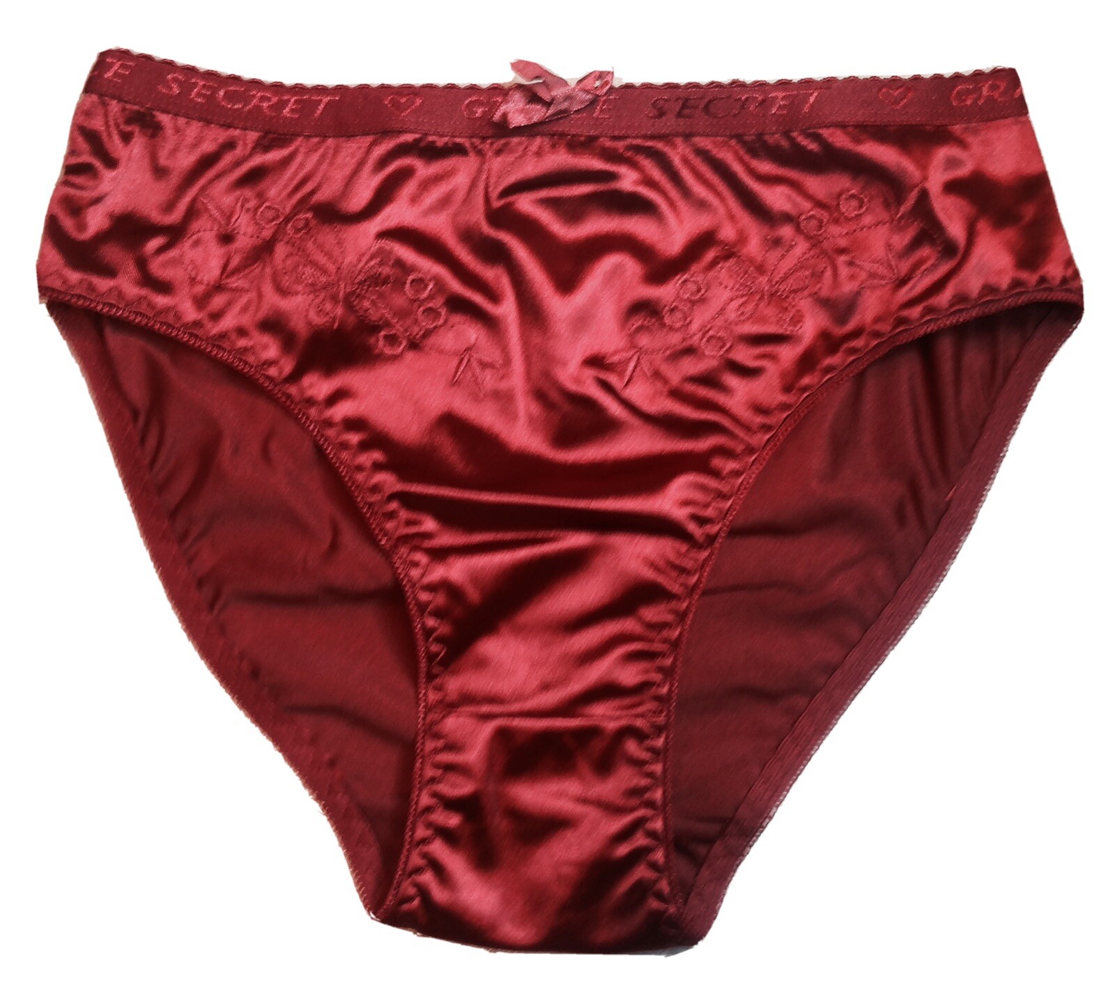 Women Panties Bikinis GRACE Size L. Burgundy Nylon Satin W/Decoration Elastic