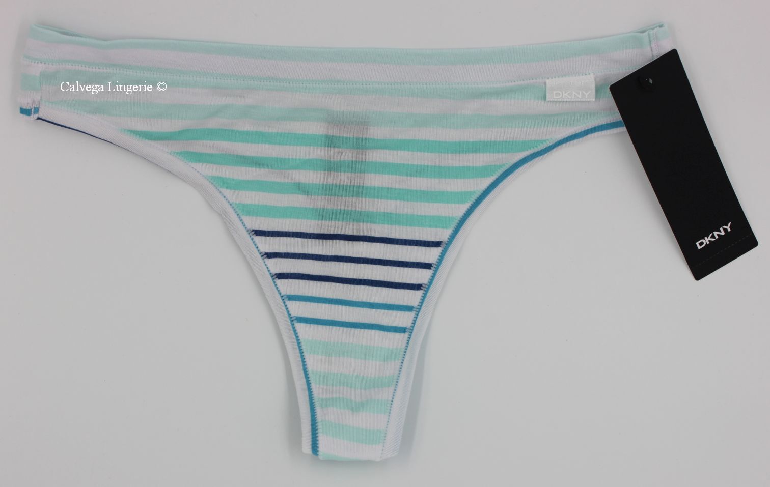NWT DKNY DK8381 “Stretch Modal” Low-Rise Classic Thong, Striped, Blue