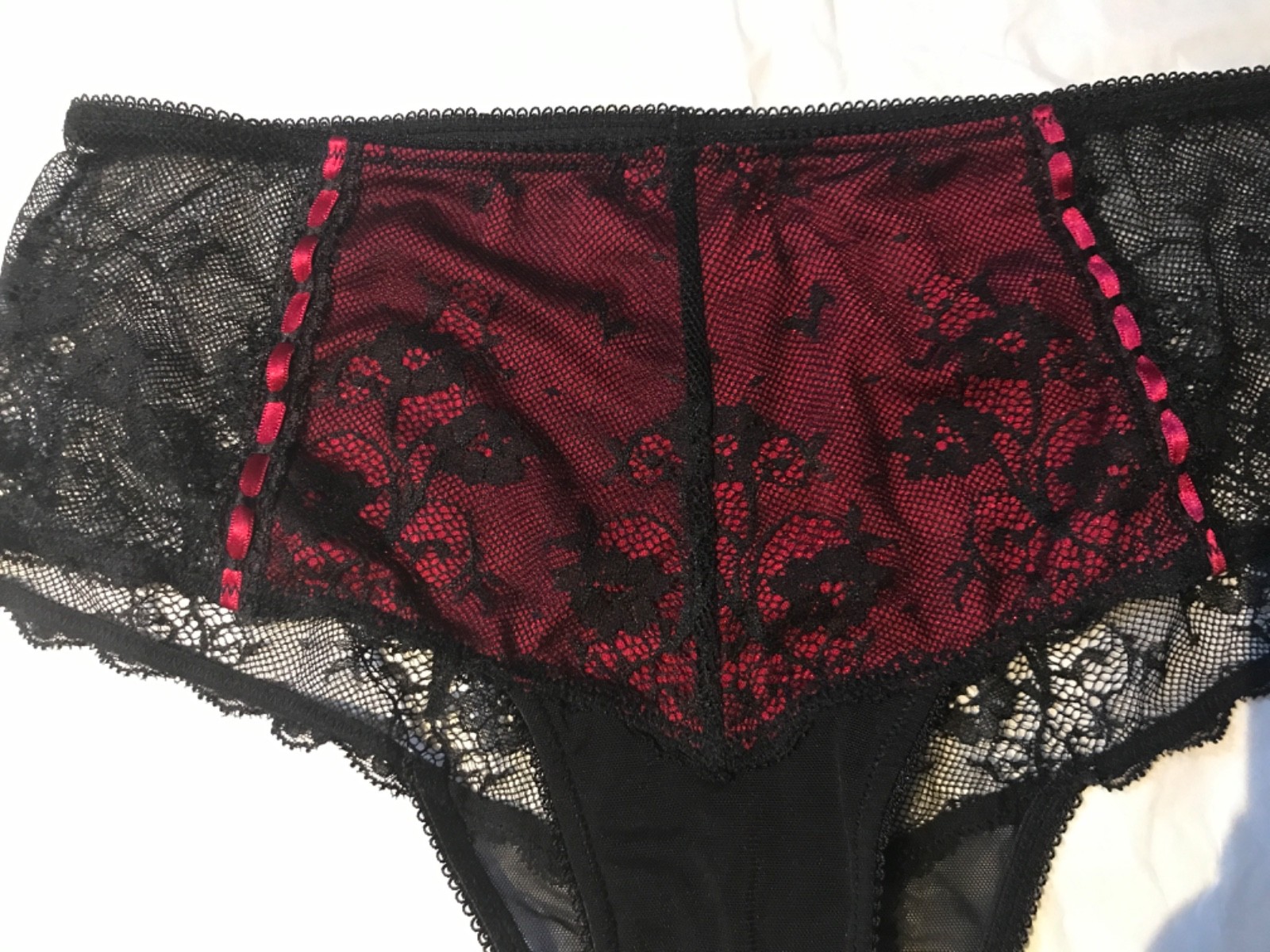 New BLACK RED lace front sheer back brief new uk 10 new
