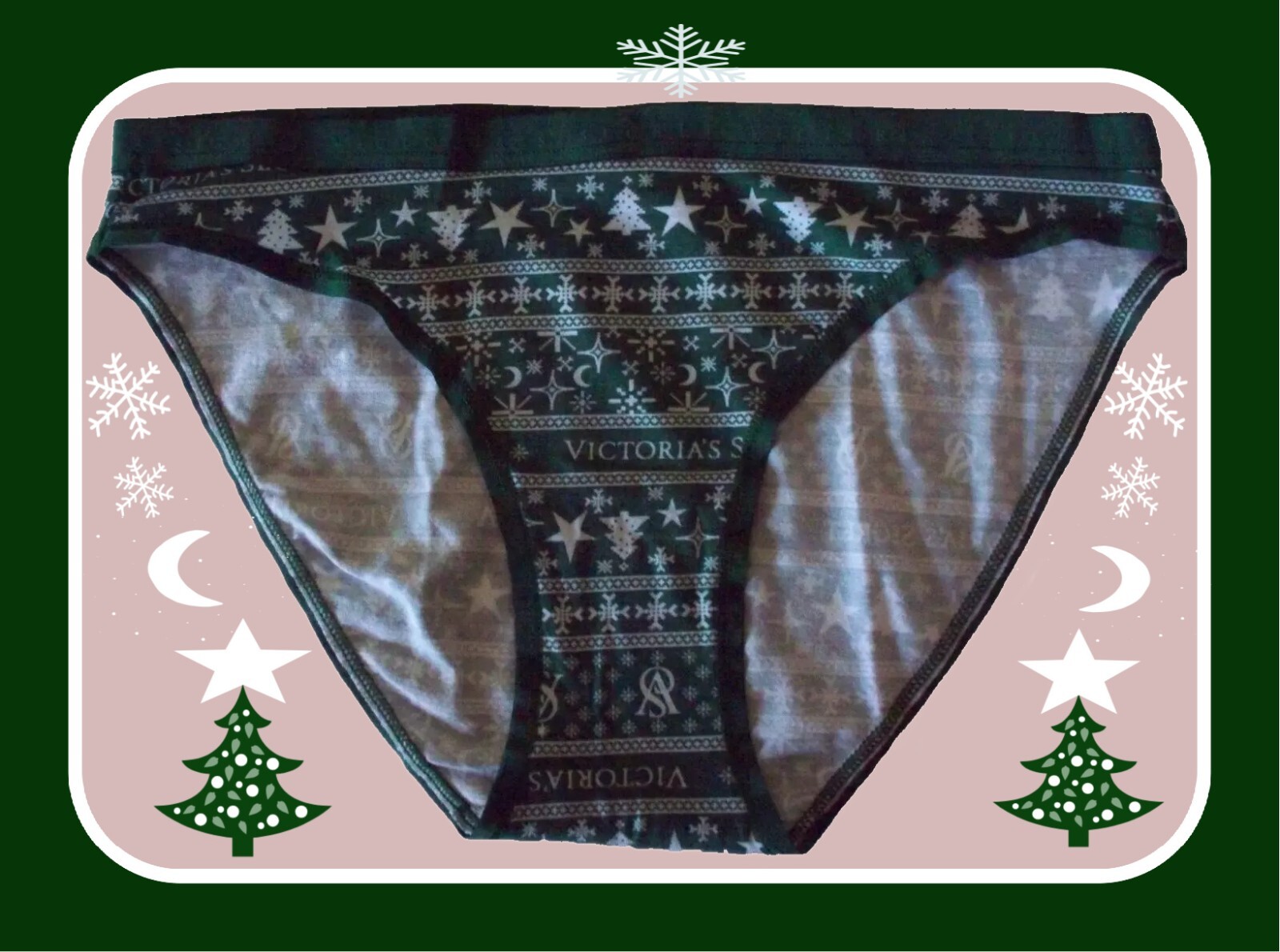 L GREEN STAR TREE SNOWFLAKE LOGO Stretch COTTON Victoria’s Secret BIKINI Pantie