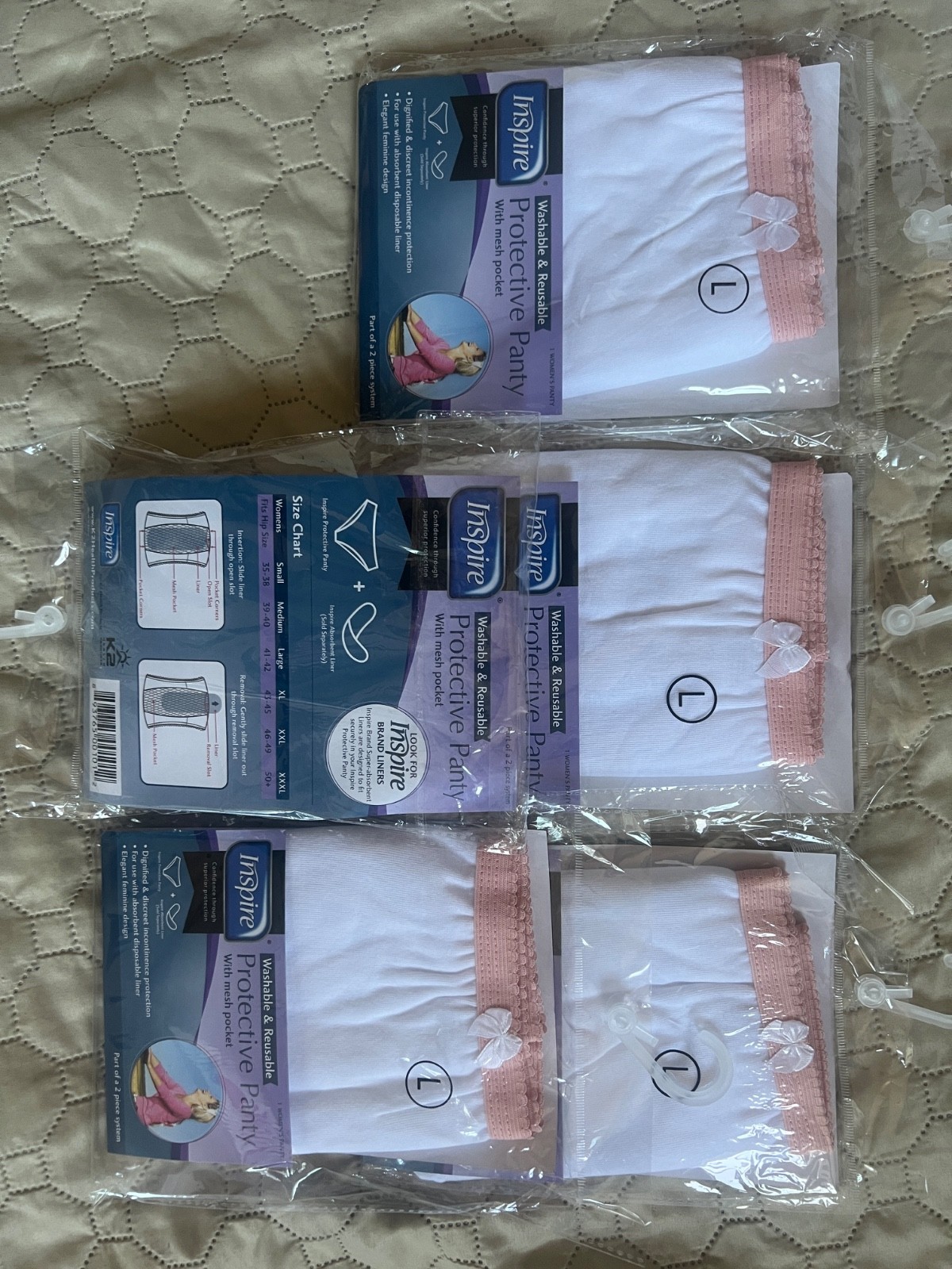 5 pairs L size New Inspire Washable Reusable Protective Panty w/ Mesh Pocket