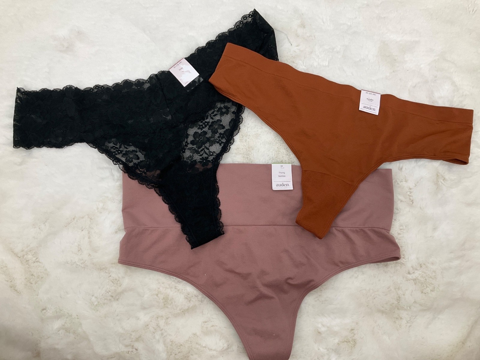 AUDEN size 3X (24-26) 3-pr Panty Lot THONG Seamless & Lace NEW
