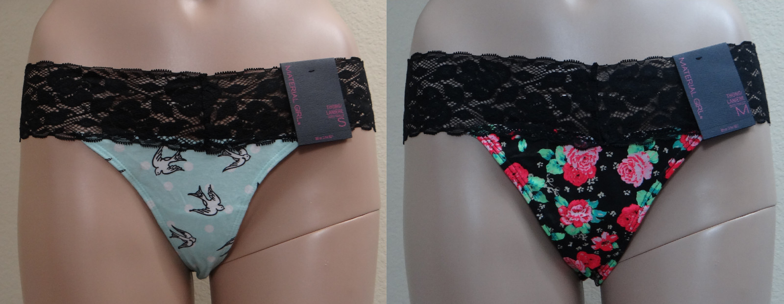 NWT MATERIAL GIRL blue w birds or black floral lace waist thong panty,S or M