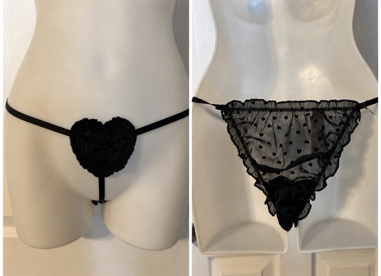 VICTORIA’S SECRET S BLACK HEART V STRING PUCKERED RUFFLE SHIMMER SISSY PANTIES