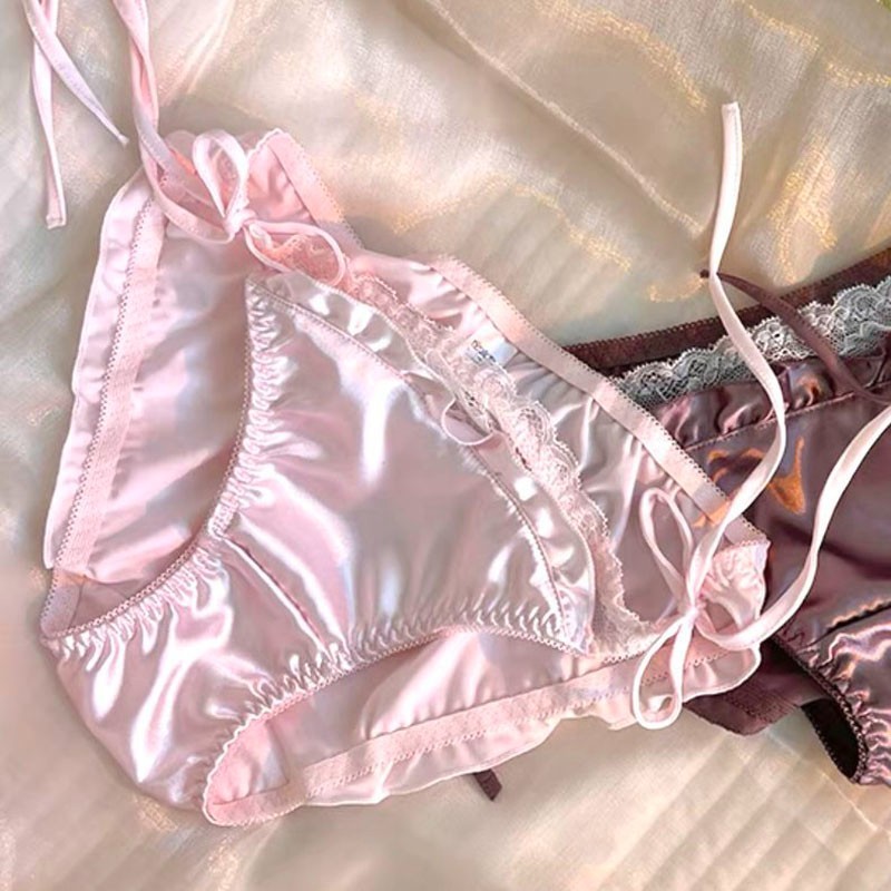 Japanese Sweet Girls Womens Panties Briefs Strappy Lolita Faux Satin Underwear