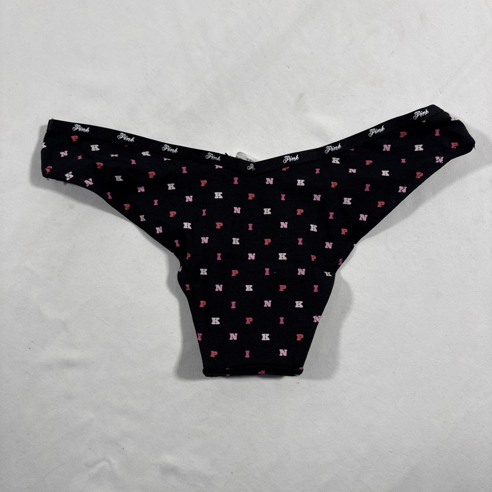 Victoria’s Secret PINK Logo Cotton High Leg Panties Black Block ‘Pink’ Print S