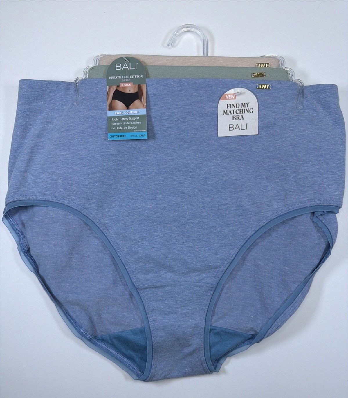 Bali Breathable Cotton Brief Panties Womens 2XL/9 Blue Green Tan 3 Pack DFLEB3