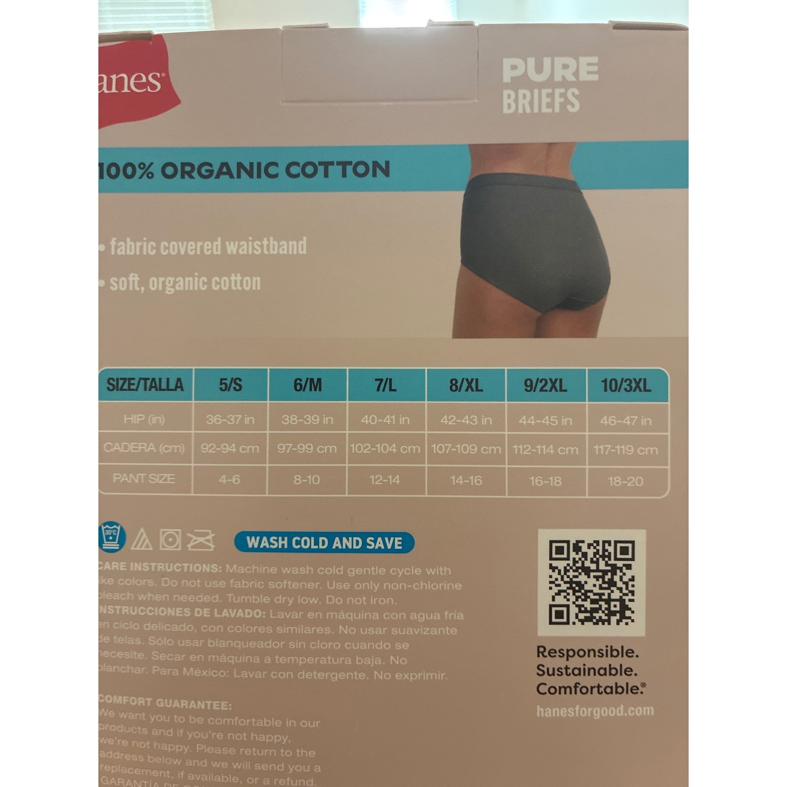 Hanes Pure Women 6 Pack 100% Organic Cotton Briefs Tagless Size 10/3XL PC40AS