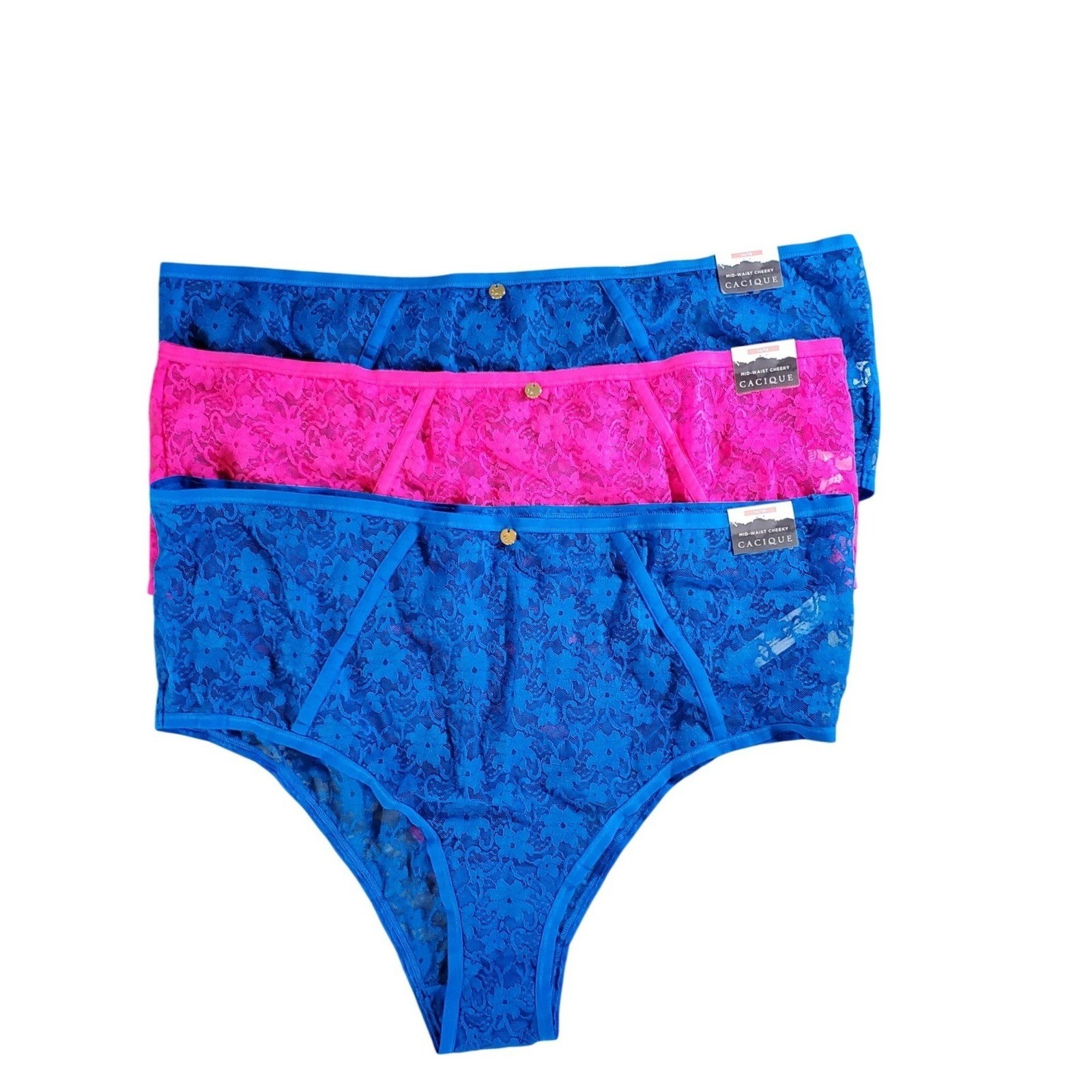 Cacique Mid-Waist Cheeky Lace Panty 3 Pack Blue Pink 14/16 NWT