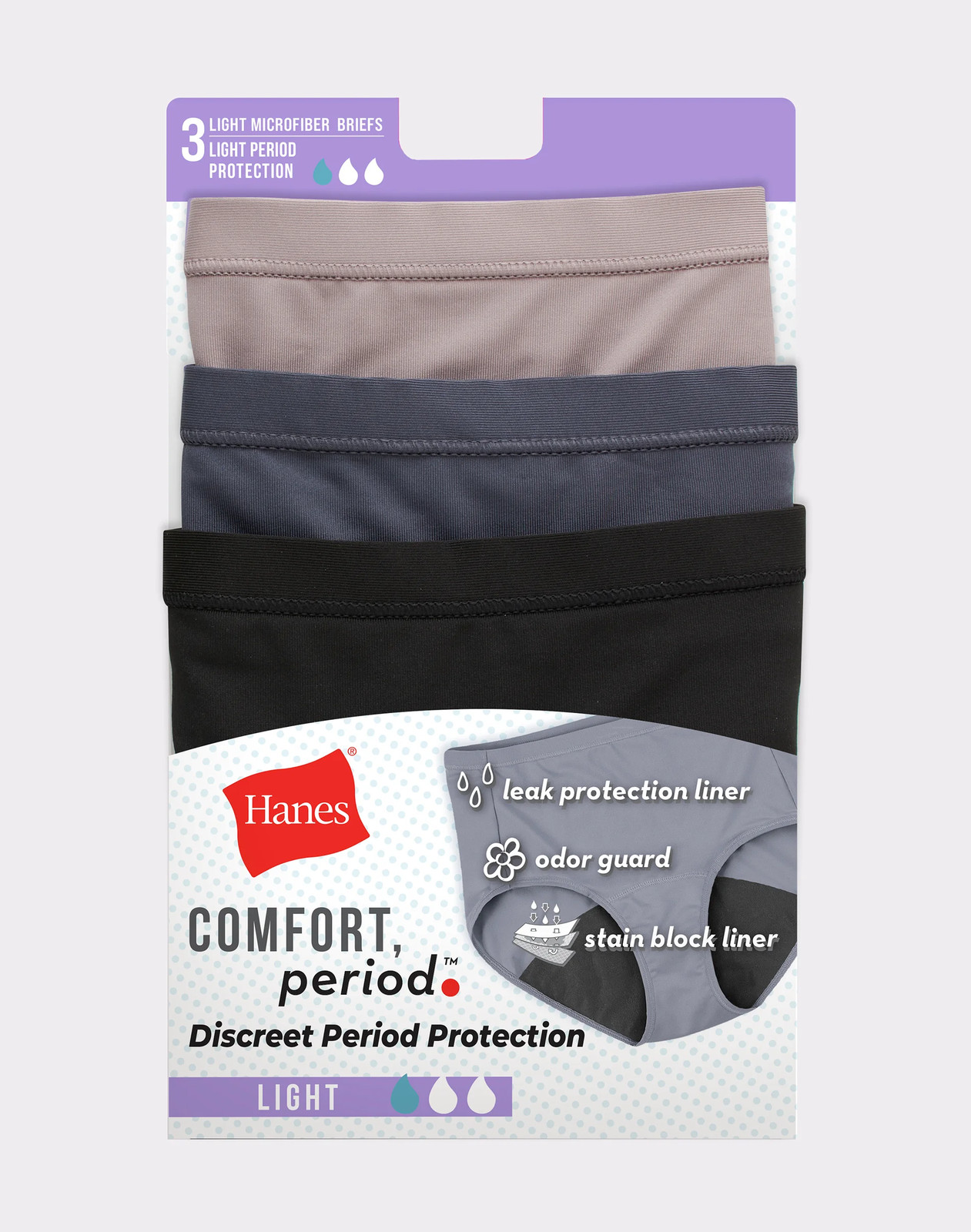 Hanes Women’s Brief 3-Pack Fresh & Dry Leak Protection Liner Underwear Assorted