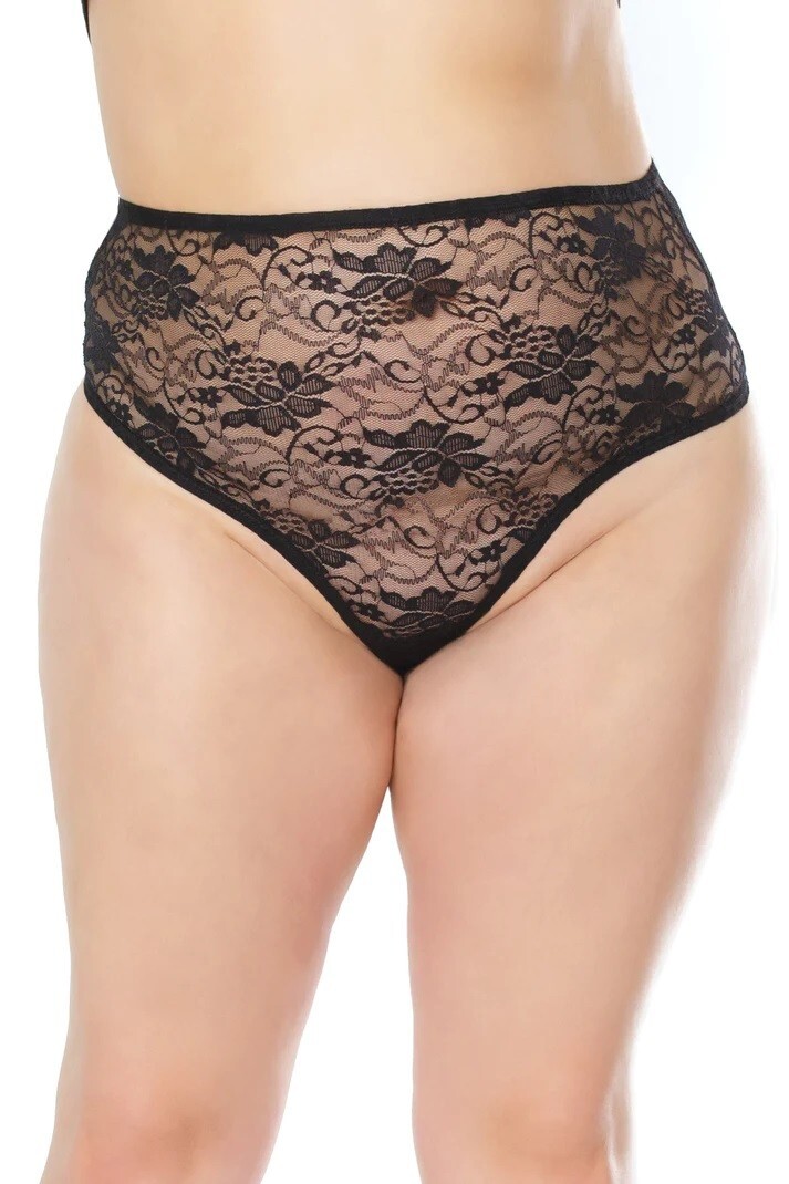 Womens Stretch Lace Thong Black High Waisted Panty One Size
