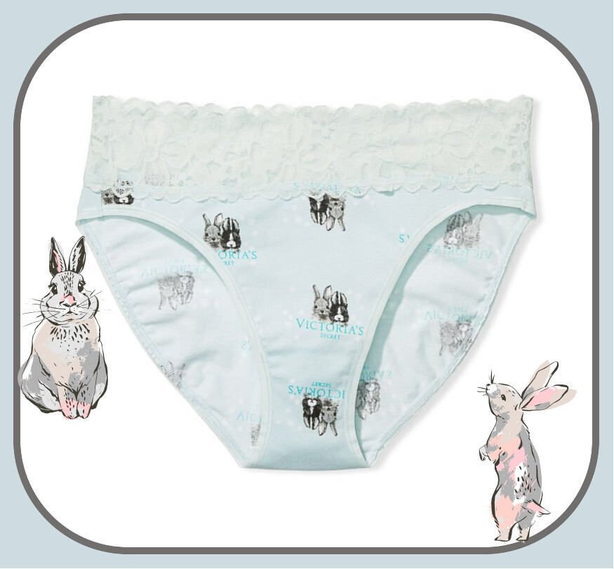 XL Spring Blue Bunny LOGO Cotton Lace Waist Victorias Secret HighLeg Brief Panty