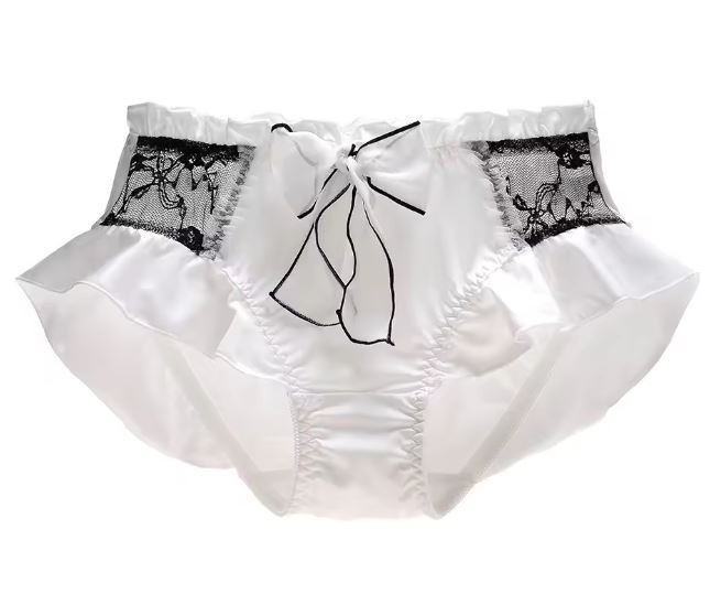 Luxury soft silky feel satin knickers panties black lace bow ruffles UK 12 / L