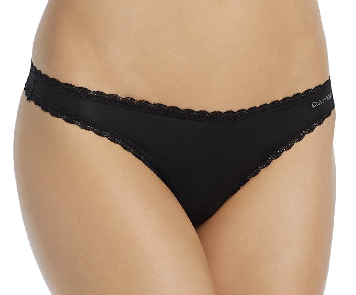 CALVIN KLEIN Radiant Lace Trim Black Thong Panty Womens Sz XS 4 S 5 M 6 XL 8