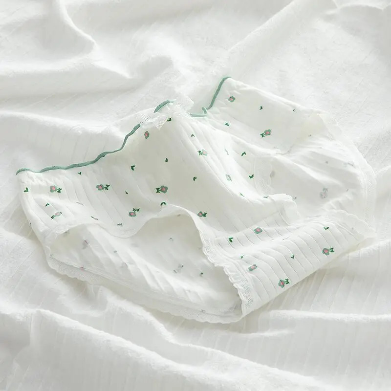 Mid Waist Cotton Panties Floral Print Lace Briefs Seamless Soft Underwear M-XL