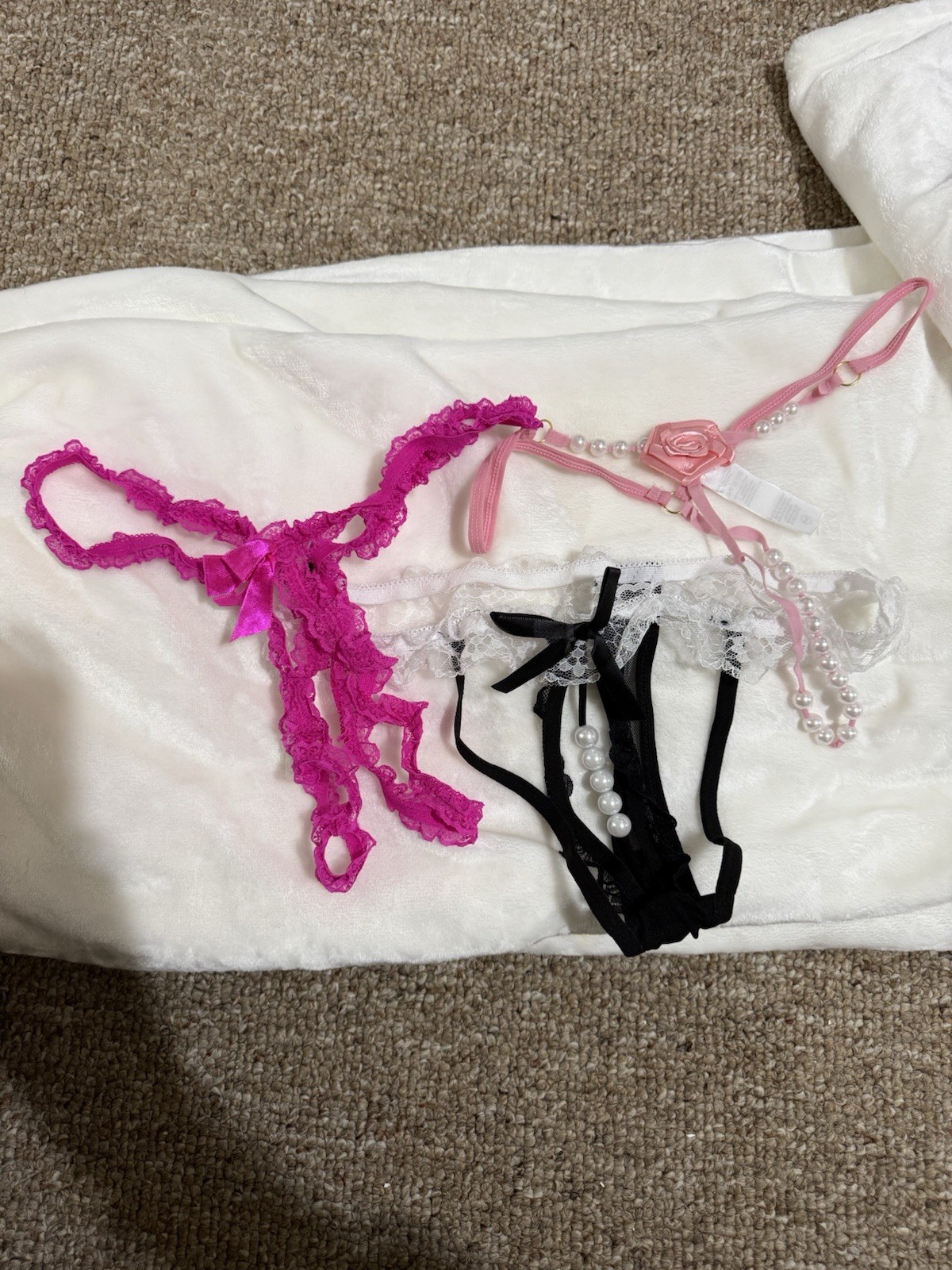 Lace Thong Panties 3 Pack Pink Black White Bow Beaded Stretch Low Rise